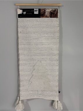 Rachel Zoe Creamy White Textured 16”x 72” Table Runner Tree Motif Silver Sequin